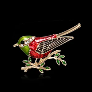 Vintage enamel bird brooch with rhinestones, elegant lapel pin for suit and shirt accessories.
