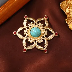 Vintage Hollow Lotus Flower Brooch Alloy Antique Gold Simulated Turquoise Red Stone Pin Fashion Jewelry For Women
