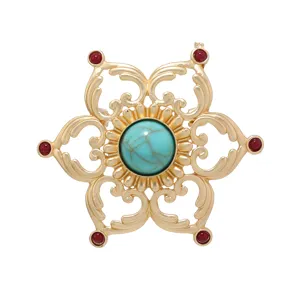 Vintage gold tone hollow lotus brooch with turquoise and red stones for women clothing accessory
