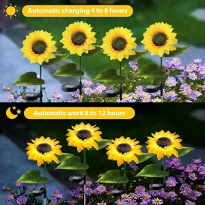 Solar sunflower garden light outdoor detail scene view featuring built-in solar panel.