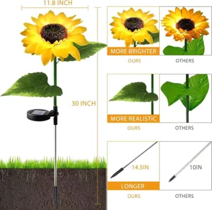 Solar sunflower garden light detail showing 30 inch height, bright LED and realistic leaves.