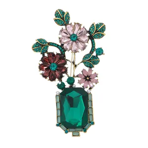 Vintage French green crystal vase brooch elegant rhinestone flower pin jewelry for women.