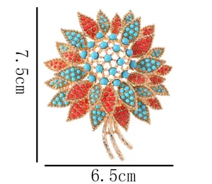 Exquisite turquoise rhinestone flower brooch detail, elegant decorative pin for women garments.