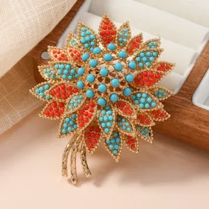 Vintage Hydrangea Flower Brooch For Women Gold Alloy Imitation Turquoise Rhinestone Floral Pin Wedding Banquet Accessories