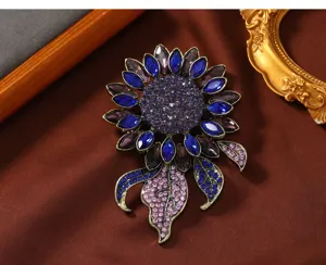 Vintage Rhinestone Crystal Sunflower Brooch Big Flower Lapel Pin Suit Jewelry Nice