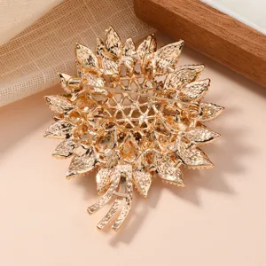 Gold tone flower brooch pin back view detailed fashion jewelry accessory for women clothing