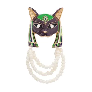Vintage Egyptian cat mask brooch with multi-layer pearl tassel, retro enamel lapel pin