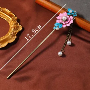 Elegante spilla per capelli vintage cinese con fiori in smalto, perle e nappe