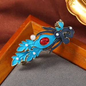 Vintage Chinesischer Stil Blaue Emaillierte Haarklammer Roter Edelstein Perle Spange