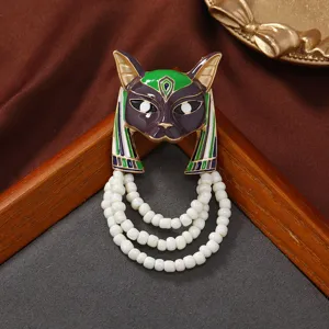 Vintage Egyptian cat goddess brooch with white beaded tassel pins unique retro suit jacket decor