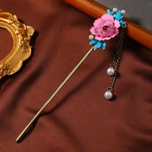 Spilla per capelli con fiore smaltato stile cinese vintage e catena di nappe, dettaglio raffinato.