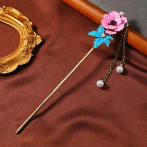 Bastoncino per capelli cinese vintage con fiore in smalto e nappa di perle, elegante Hanfu.