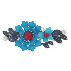 Vintage Hofstil Emaillierte blaue Blumen Feder Haarklammer mit Perlen und roten Perlen für den Alltag.