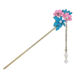 Retro stile cinese forcina per capelli in metallo smalto floreale rosa e nappa perla.