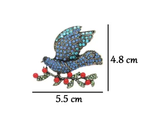 Vintage blue rhinestone peace dove brooch with red berry branch, elegant size 4.8x5.5cm