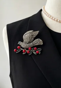 Vintage rhinestone dove brooch with red berries crystal elegant animal pin coat accessory
