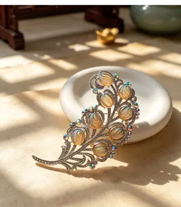 Vintage court style feather brooch with amber cabochons and colorful rhinestones for coats