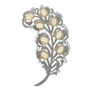 Exquisite luxury court style feather brooch featuring sparkling rhinestones and crystal cabochons.