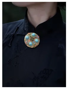 Chinese style enamel turquoise brooch retro metal pin for traditional cheongsam hanfu dress.
