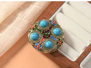 Retro Chinese style turquoise brooch enamel metal pin clothing accessories vintage jewelry