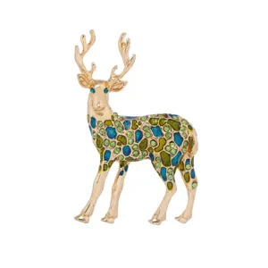 Gold rhinestone deer brooch, enamel crystal elk pin, women fashion animal corsage jewelry.