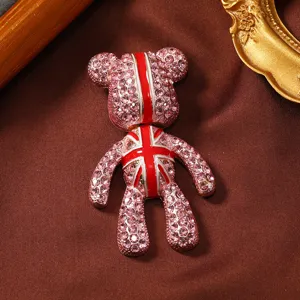 Fashion Cute Teddy Bear Brooch Pin Rhinestone Enamel Union Jack Flag Design Elegant Suit Coat Jacket Lapel Jewelry