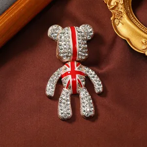 Fashion rhinestone teddy bear brooch pin with Union Jack design for suits and winter coats.