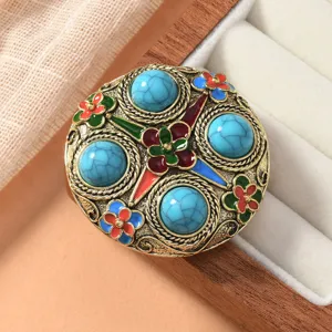 Vintage Alloy Round Brooch For Women Men Enamel Faux Turquoise Chinese Style Anti Exposure Clothing Safety Pin Jewelry Gift