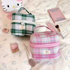 Ins Stil Frisch Kariert Zylinder Handheld Kosmetiktasche Große Kapazität Reisen Kulturtasche Leinwand Kosmetik Aufbewahrungstasche Für Frauen