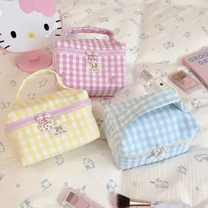 Koreanischer Stil Kariert Schleife Kosmetiktasche Segeltuch Reißverschluss Kulturbeutel Tragbar Waschbeutel Für Damen