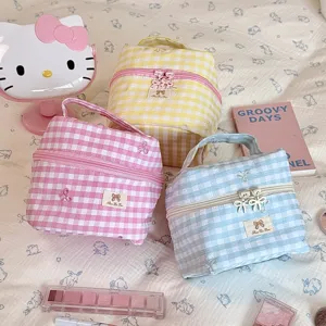 Korean Style Plaid Bow Handheld Makeup Bag Large Capacity Canvas Cosmetic Storage Case Portable Travel Toiletry Organizer For Women