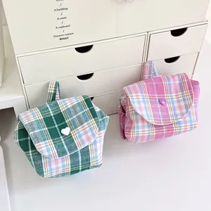 Cute plaid mini storage bag portable canvas coin purse cute flap cosmetic organizer pouch