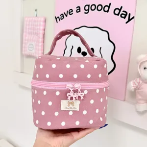 Koreaanse stijl roze stippen cosmetische tas draagbare reismake-up organizer met handvat
