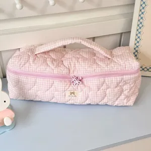 Borsa portaoggetti trapuntata a quadri rosa, organizer portatile per asciugacapelli.