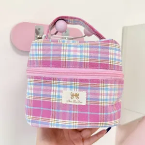 Rosa blaue karierte Kosmetiktasche, tragbare Reise Kulturbeutel mit Reißverschluss & Griff.