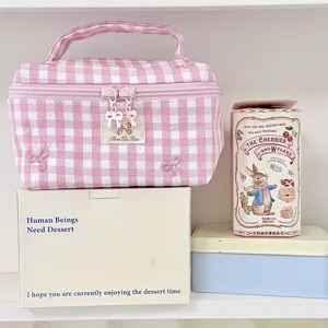 Rosa Karo Kosmetiktasche Süße Schleife Handlich Kulturbeutel Tragbarer Make-up Organizer