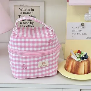 Pink Gingham Cosmetic Bag Cute Bow Embroidery Handbag Portable Toiletry Organizer Pouch