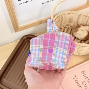 Portable plaid coin purse with heart button, cute mini fabric storage bag for travel and daily use.
