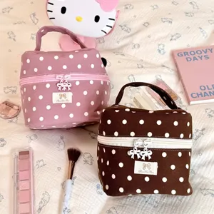 Koreaanse Stijl Fris Stippen Canvas Cilindrisch Make-up Tas Grote Capaciteit Draagbaar Reizen Cosmetica Opbergtas Voor Vrouwen