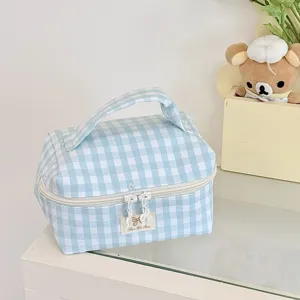 Koreanischer blauer Karo Kosmetiktasche mit Schleife, grosse Make-up Aufbewahrung Tasche.