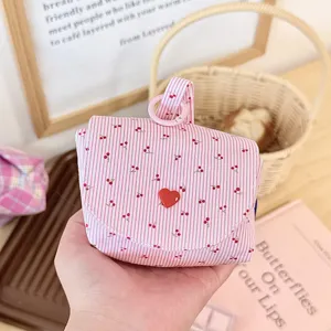 Cute pink striped cherry print storage pouch with red heart charm, portable travel coin purse.