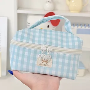 Blau-weiße Karree Kosmetiktasche mit Schleife, tragbare Kulturbeutel Make-up Organizer Tasche.