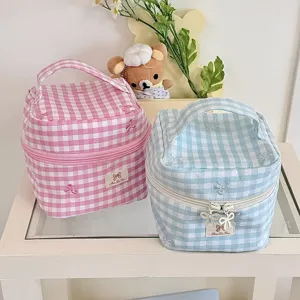 Korean style plaid cosmetic bag with bow embroidery, portable makeup organizer pouch.