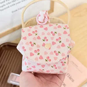 Cute pink cherry heart print mini storage bag portable coin pouch small case for daily use