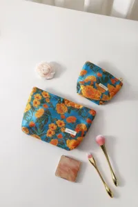 Set di borsa per trucco in jacquard floreale vintage, custodia con cerniera portatile.