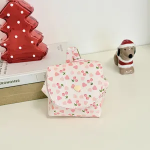 Cute pink heart cherry print fabric storage bag portable flap coin purse travel mini bag