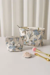 Blue and gold jacquard cosmetic bag set, elegant fabric makeup organizer for women daily use.