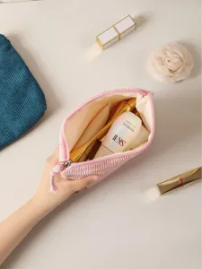 Pink corduroy cosmetic bag portable travel makeup pouch cute zipper storage bag for daily use