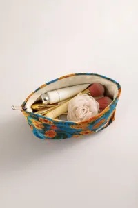 Borsa per trucco in tessuto jacquard floreale retrò, pochette da toeletta con zip