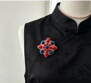 Spilla fiore pietra rossa blu stile etnico vintage per donna qipao hanfu decorazione